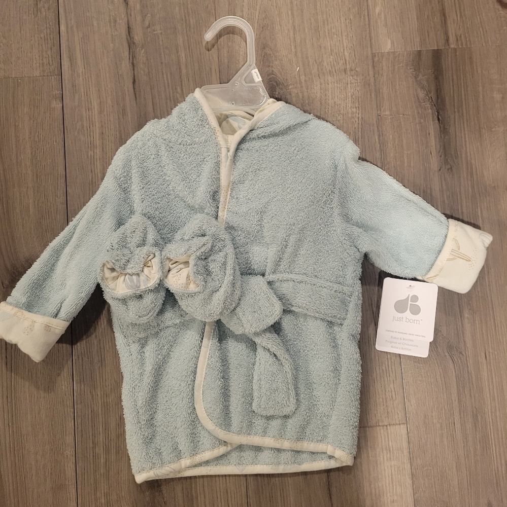 Just Born Baby Blue Hooded Bath Robe and Booties Set